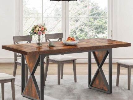 Farmhouse Dining Table for 6-8 People, 70.8-Inch Rectangular Wood Dining Table, Rustic Kitchen Dinner Table with Heavy Duty Metal Legs for Dining Room (Rustic Brown)