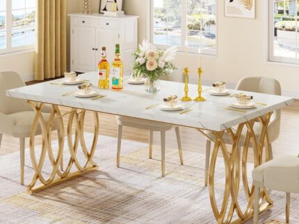 Modern Dining Table for 4-6 People, 63" Large Rectangular Kitchen Table with Faux Marble Tabletop and Gold Geometric Legs, Unique Dinner Table Kitchen & Dining Room Furniture, White & Gold